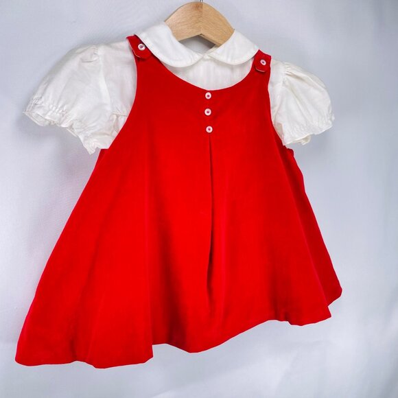 Vintage Baby Girl 2 Piece Red Velvet Dress + Puff Sleeve Shirt Outfit Set 12m - Picture 4 of 12